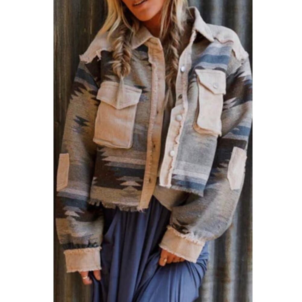 POL Aztec Denim Jacket Distressed Raw Hem Pocket Cropped Western Size S